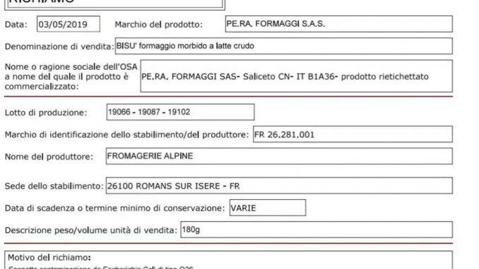 I formaggi richiamati sono venduti anche nei supermercati italiani