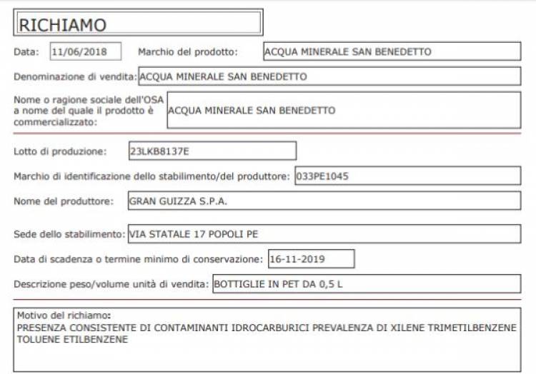 "Acqua contaminata", il ministero della Salute ritira un lotto di San Benedetto